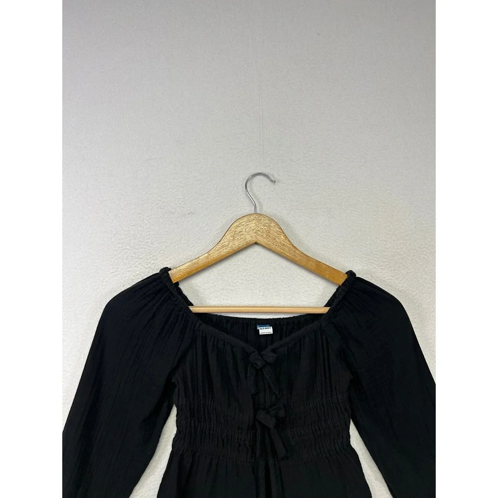 Boho Cottagecore Old Navy Girls S 6-7 Black Smocked Gauze Tie Front Peasant Top